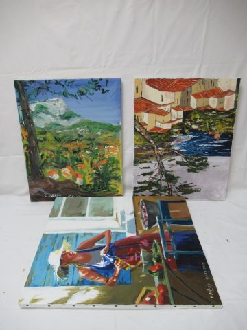 Null Lote de 3 óleos sobre lienzo, que representan paisajes y una mujer joven. D&hellip;