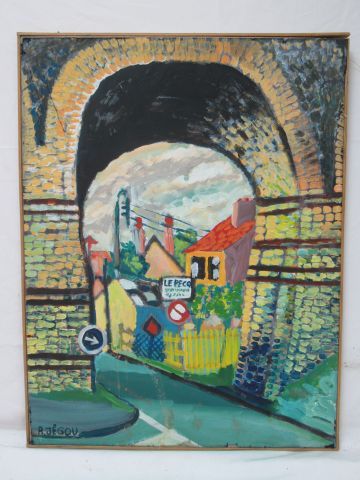 Null R JEGOU "高架桥-Le Pecq" 布面油画。SBG。有日期，背面有标题。66 x 51 厘米