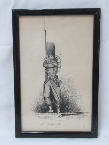Null 十九世纪法国画派的 "哨兵 "图。承担了一个签名。日期为1861年。玻璃框架，29 x 19 cm