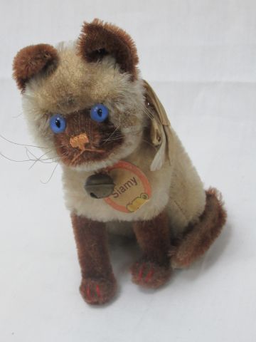 Null Steiff, "siamy".暹罗猫毛绒玩具，约70/80年代，高17厘米，状态完美。
