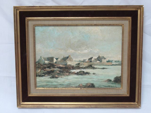 Null H.RENIER "布列塔尼风景(Batz sur mer?)" Isorel上的油画，右下角有签名，24 X 33 cm。镀金木框和红色丝绒