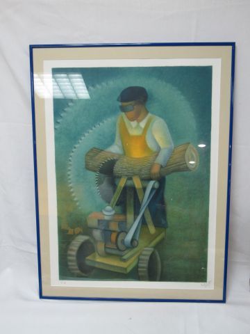 Null Louis TOFFOLI ( 1907-1999)" Le scieur de bois" , lithographie en couleur , &hellip;