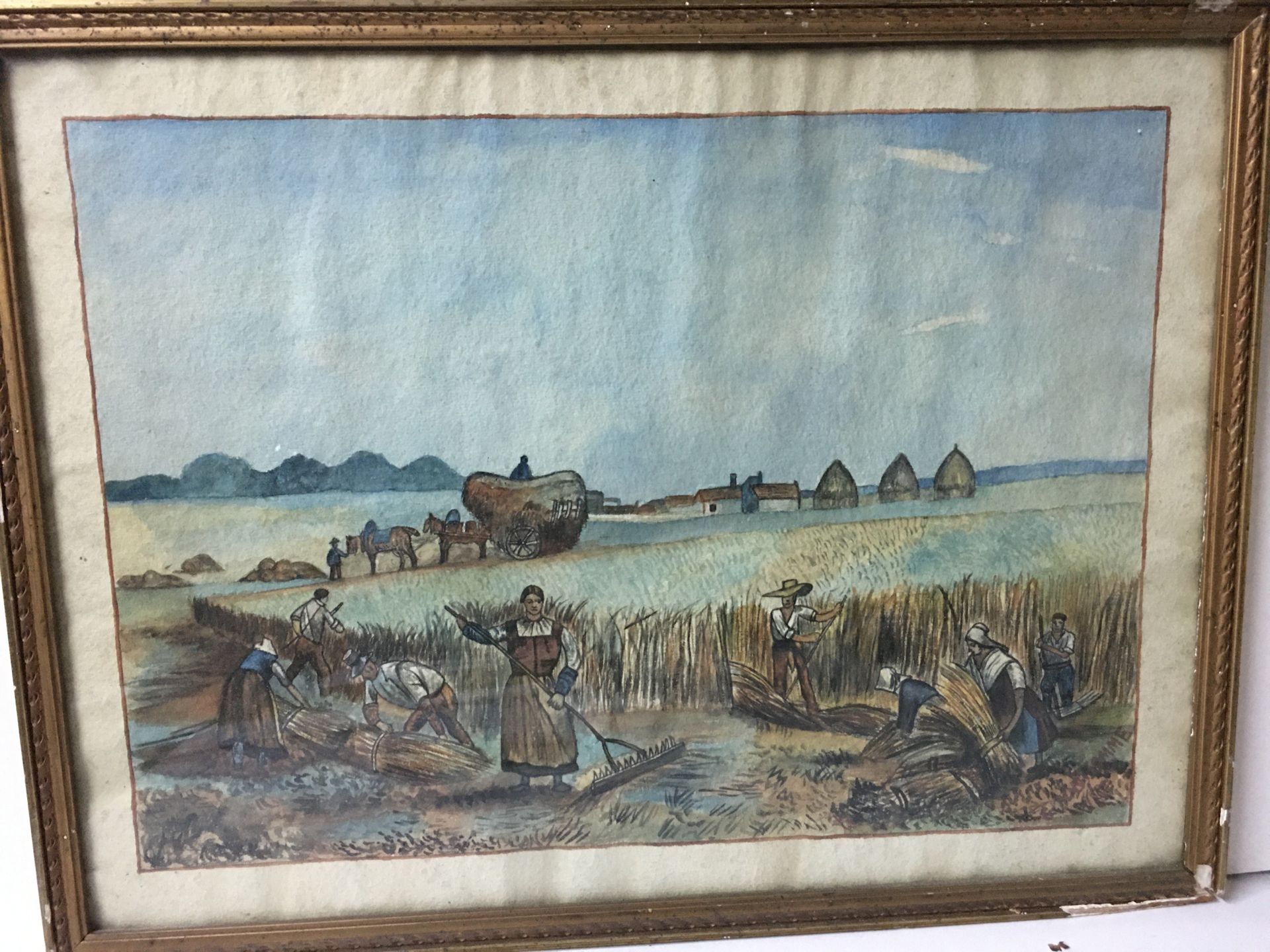 Null G.Bonhomme (十九至二十世纪) 纸上天真的水彩画，展示了一个打草的场景，43x31厘米，玻璃框内（纸张发黄）。