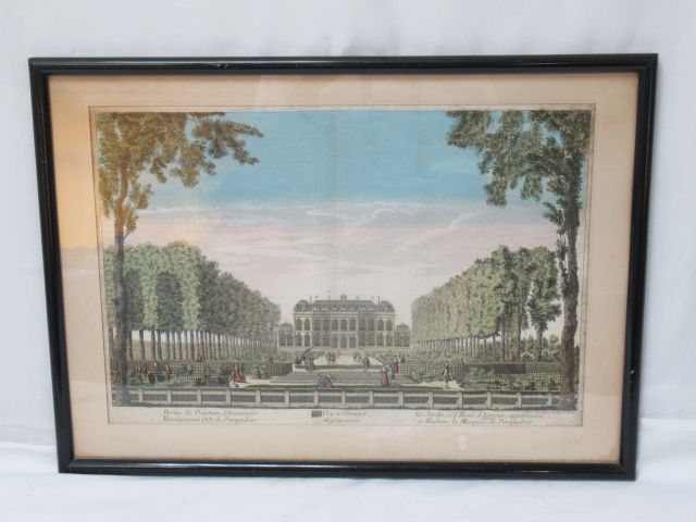 Null 十八世纪末的法国学校 "花园和埃夫勒酒店的光学视图"。(有小的氧化痕迹，折叠) 29 x 43 cm 玻璃下装裱。 38 x 53 厘米