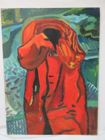 Null JEGOU RAYMOND "Manteau rouge" Huile sur toile. SBD. 81 x 61 cm