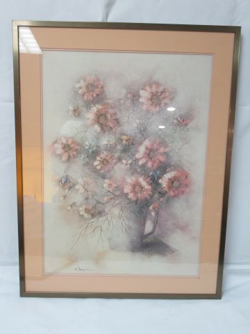 Null 彩色复制品，在Mangin之后，展示一束花。玻璃框架，67 x 50厘米