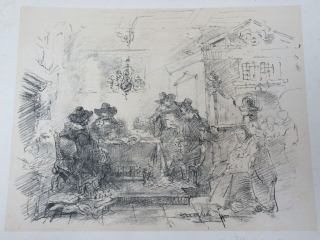 Null Lithographie in Schwarz, zeigt eine Tavernenszene. 31 x 46 cm Im Blatt. (st&hellip;