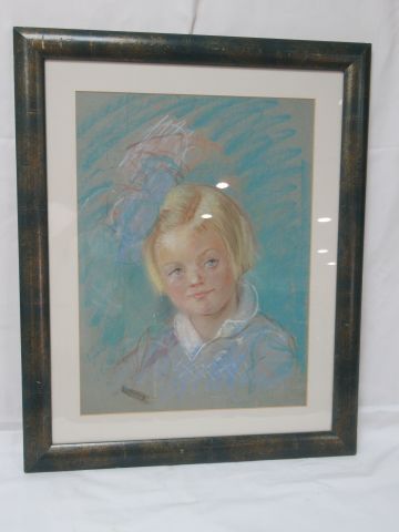 Null Modern school "Young girl with blue bow" Pastel. (small tear on the right s&hellip;