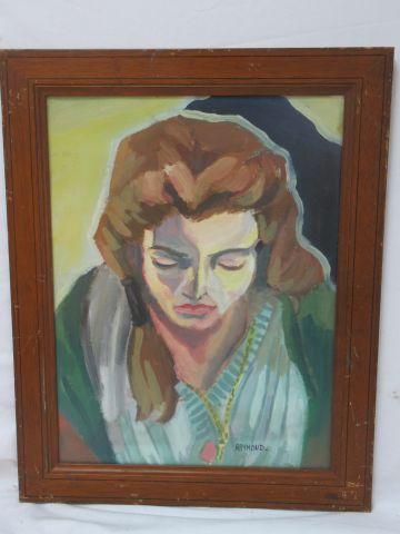 Null RAYMOND (Jegou) "Woman in green dress" Oil on paper. SBD. 31 x 41 cm Natura&hellip;