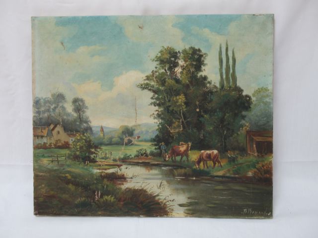 Null Ecole française du début du Xxe siècle "Paysage aux vaches" HST, porte une &hellip;