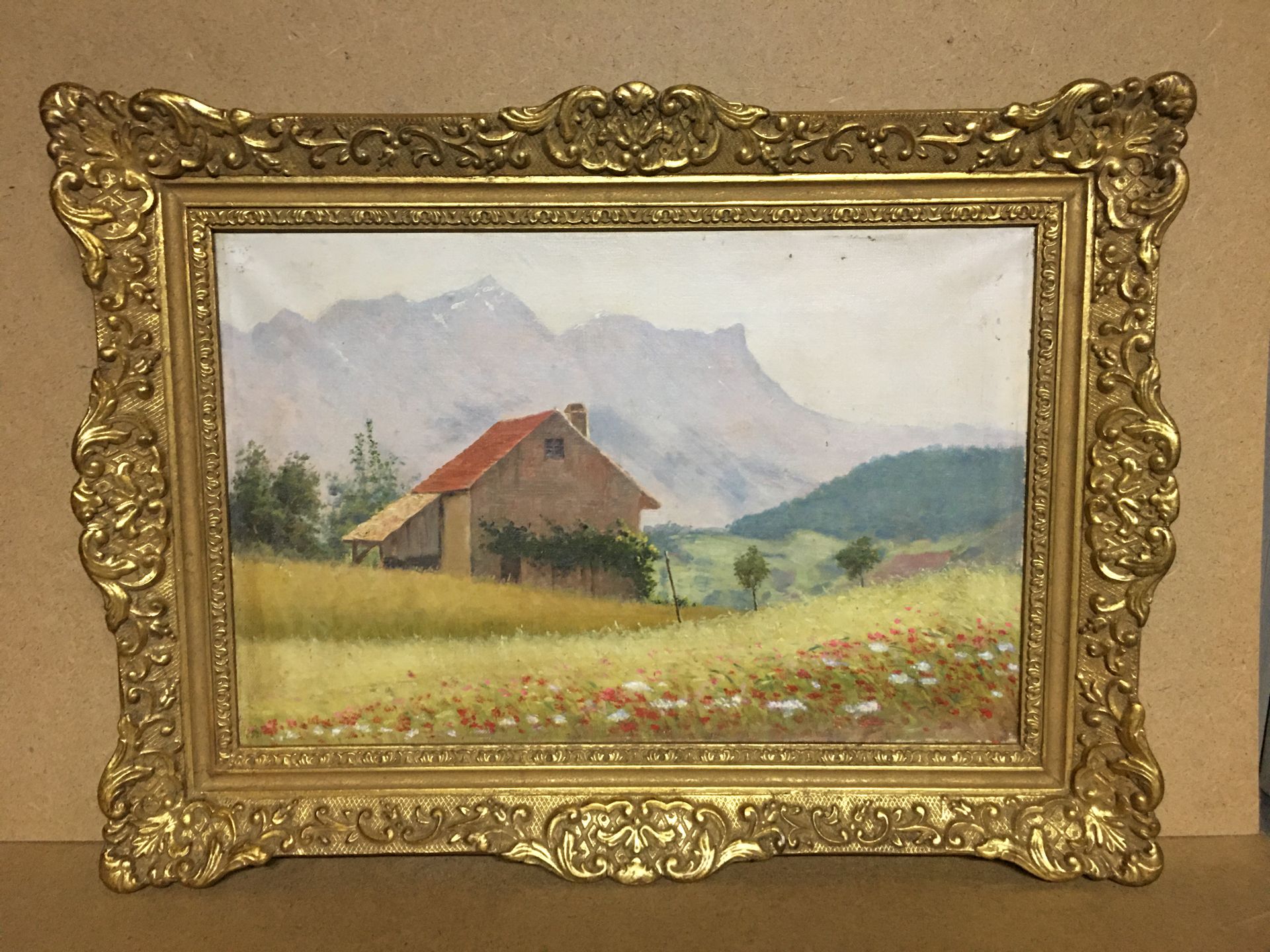 Null 十九世纪的法国学校。 漂亮的山地风景HST（无签名）27x40厘米，漂亮的镀金木框（现代）53x39厘米