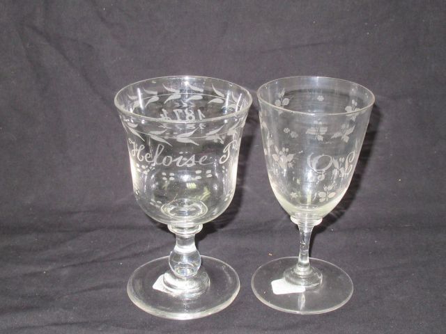 Null Set of two engraved glasses, one engraved, the other marked "Heloise". Abou&hellip;