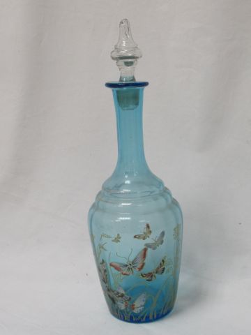 Null Blue glass decanter enamelled with butterflies. (chip inside the stopper). &hellip;