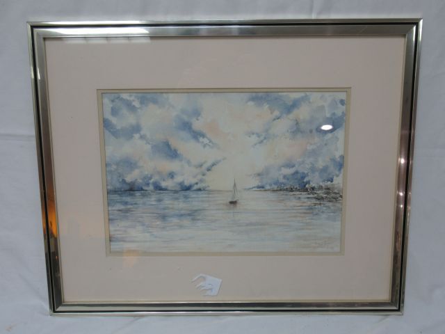Null 现代学校 "风景与帆船"。水彩画。SBD。日期为85年。玻璃框内，40 x 50厘米
