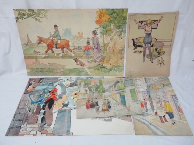 Null Félix Jobbé Duval (1879-1961) Lot de 5 dessins aquarellés. Un signé. En feu&hellip;