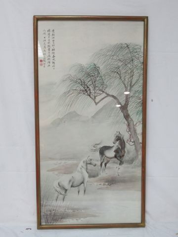 Null 中国 纸上复制品，显示马匹。玻璃框架，77 x 40 cm