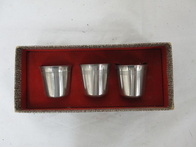 Null Set of 3 silver plated metal goblets. In their box.
