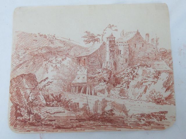 Null 1800年左右的法国学校 "风景"，红色粉笔画。背面有铭文。在表.21 X 25厘米