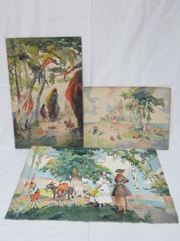 Null Félix Jobbé Duval (1879-1961) 纸和纸板上的3幅水彩画。一张有签名和日期的49号。从48到58厘米