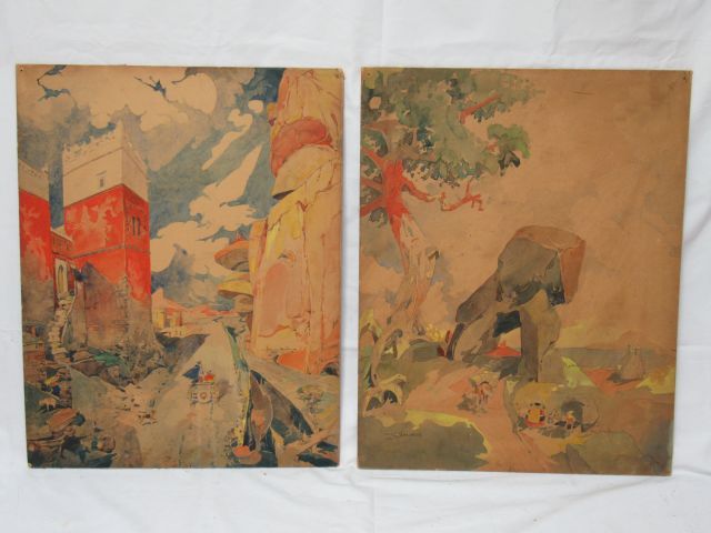 Null Félix Jobbé Duval (1879-1961) 纸板上的两幅水彩画。一幅已签名。56 x 45 cm