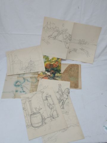 Null Félix Jobbé Duval (1879-1961) 描图纸上的草图，水彩画。有些人签名了。在床单上。约24厘米