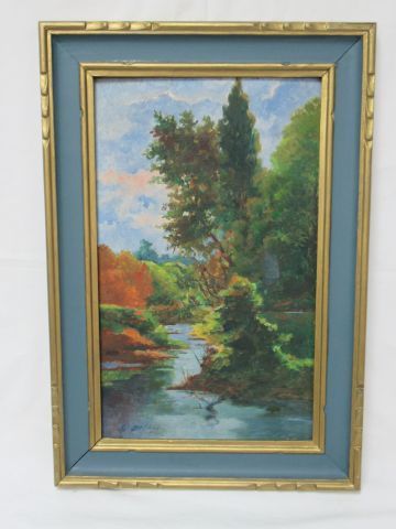 Null DELHUS "Paysage au torrent" 木板上的油画。SBG。34 x 21 cm 漆木框架。