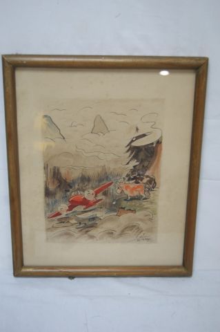 Null R. GAM (?) "Landscape with a plane" Watercolor. SBD. Framed under glass. 39&hellip;