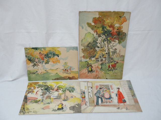 Null Félix Jobbé Duval (1879-1961) Lote de 4 dibujos en acuarela, sobre cartón. &hellip;