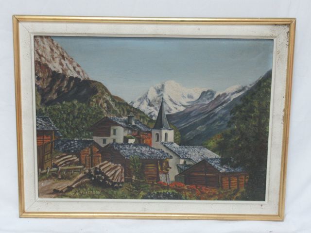 Null THIERSON "Dorf in den Bergen" 32 x 44 cm Lackierter Holzrahmen.