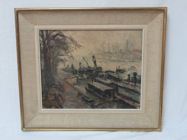 Null Maurice FONGUEUSE "Barges" Oil on cardboard. Signed and dated 1956. 32 x 40&hellip;