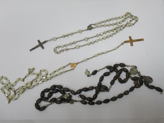 Null Set of 3 metal, wood and mother-of-pearl rosaries. (one damaged)