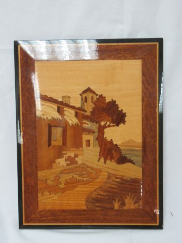 Null Intarsienholzplatte mit einer Landschaft. 30 x 24 cm