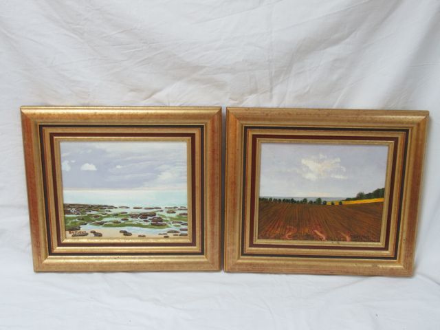 Null DUPLOUY "风景" 两幅布面油画。右下方有签名。22 X 26厘米。镀金木框（全新状态