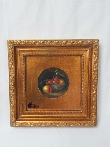 Null 现代学校 "葡萄静物 "板上油画。圆形视图。镀金木框，20 x 20厘米