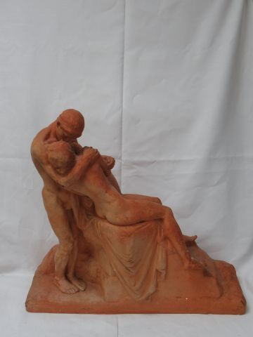 Null CERROIR (?) Sculpture en terre cuite, figurant un couple. Haut.: 56 cm Larg&hellip;
