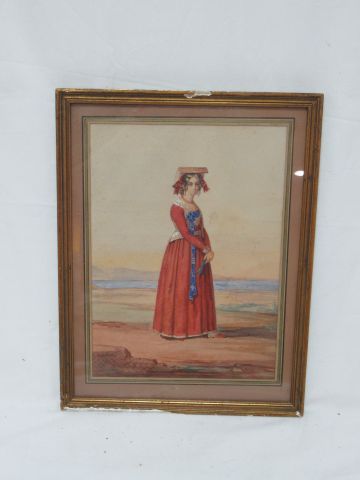 Null Lucien-Léopold LOBIN (1835-1892) "Jeune femme à la robe rouge" Aquarelle. 2&hellip;
