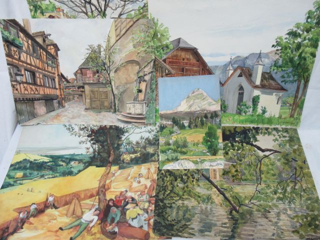 Null Lot of 5 watercolours, signed Nicollet, some dated (1969, 1970..). From 33 &hellip;