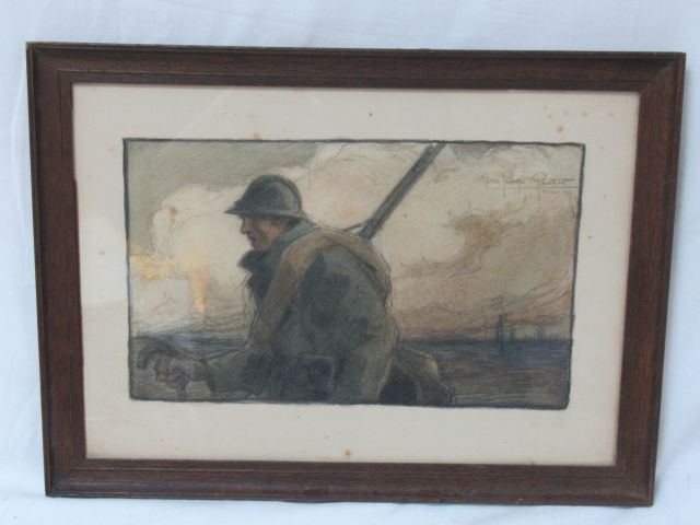 Null René-Georges GAUTIER (1887-1969) "Le Soldat" Dessin, rehaussé au pastel. Si&hellip;