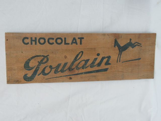 Null Hölzerne Werbetafel für Poulain-Schokolade, Größe 21 x 64 cm