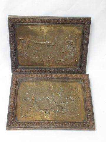 Null Pair of decorative plates in embossed yellow copper showing hunting scenes.&hellip;