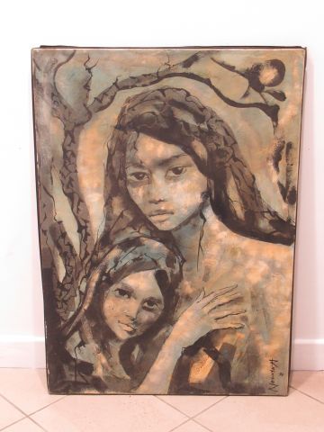 Null Juan RAMIREZ (Né en 1935)" visages feminins " huile sur toile , signé en ba&hellip;