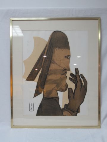 Null Modern school "Face" Collage and pencil. Signed IDA. Framed under glass. 83&hellip;