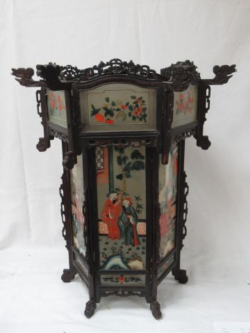 Null CHINA Wooden and glass lantern painted with vegetal and palace scenes. Heig&hellip;