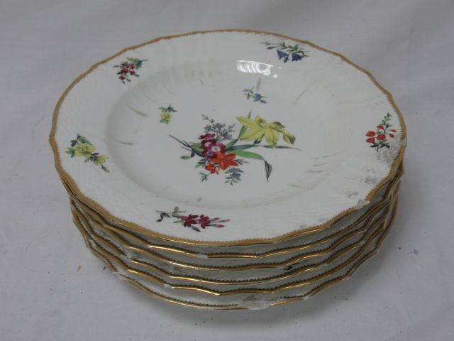 Null 德国 一套6个白瓷盘，装饰有多色植物和金色亮点。19世纪。直径：24厘米（碎片，头发）。