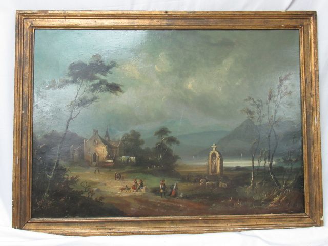 Null Ecole française du XIXe "Paysage à l'Eglise" Huile sur métal (cuivre ?). Tr&hellip;