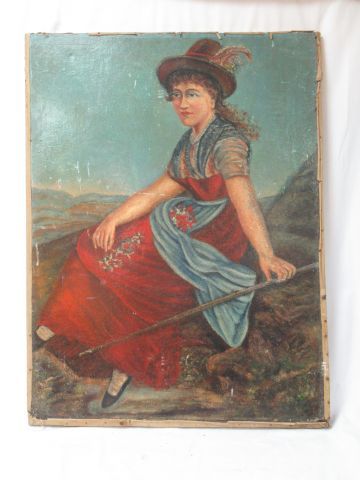 Null Scuola del primo Novecento "Pastora" Olio su cartone. 83 x 62 cm (piccole p&hellip;