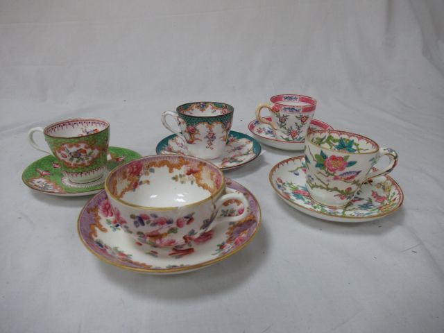Null MINTON and SARREGUEMINES Lot of 5 cups and their saucers in polychrome cera&hellip;