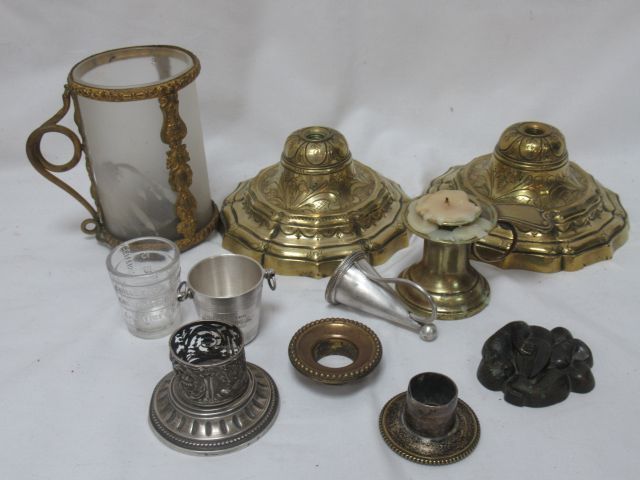 Null Lot including a glass and regule candle holder, a bronze candlestick, a sil&hellip;