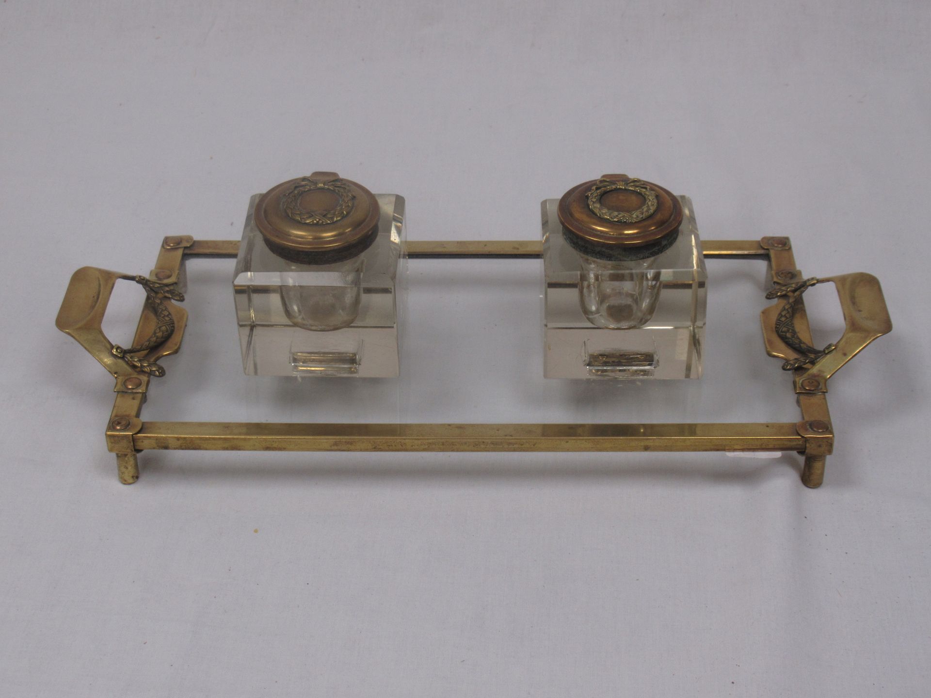 Null Inkwell in brass, crystal and bronze. Restoration period. 35 x 15 cm