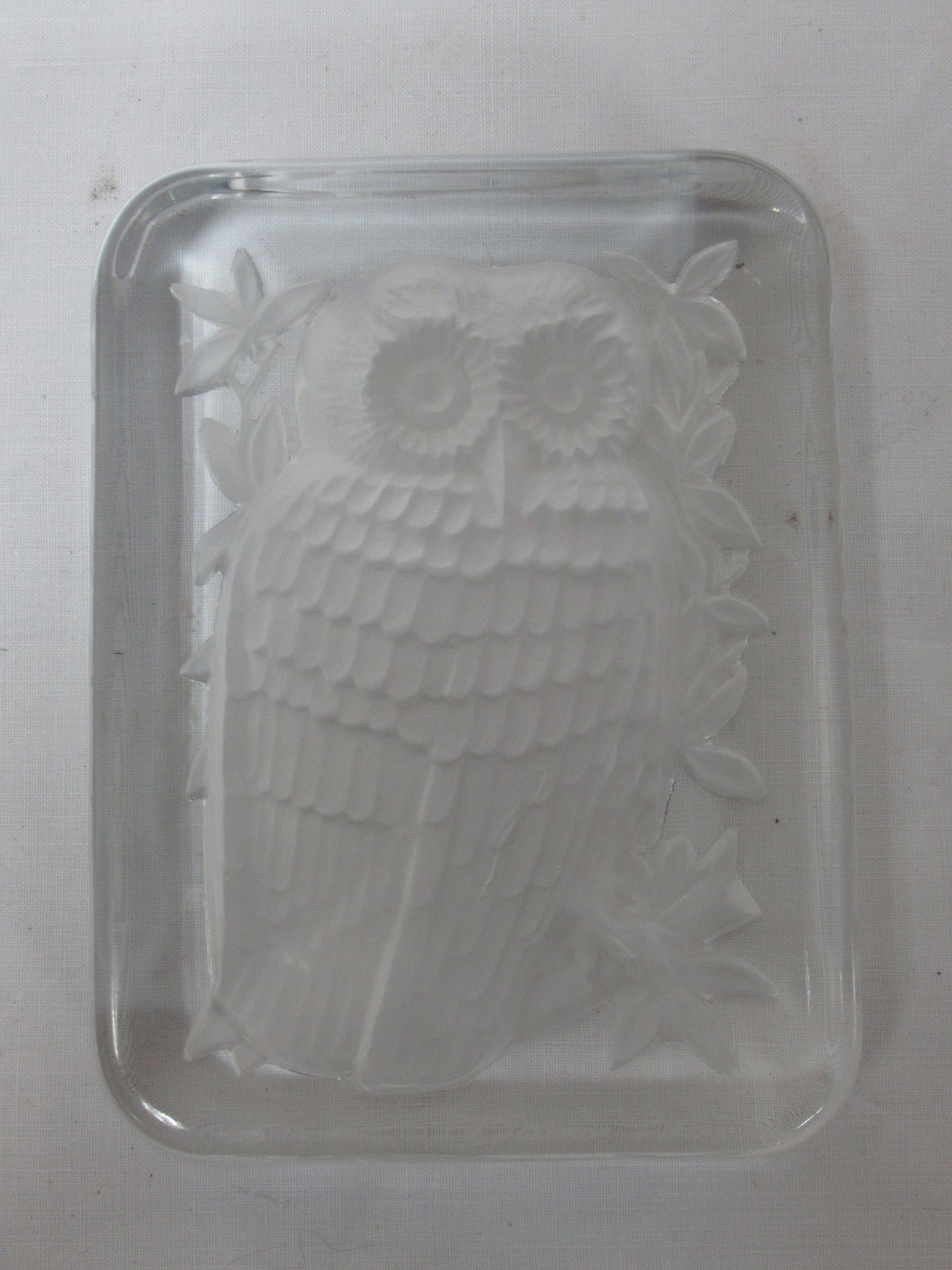 Null Fermacarte DAUM FRANCE in cristallo bianco e satinato, con gufo. 13 x 9 cm